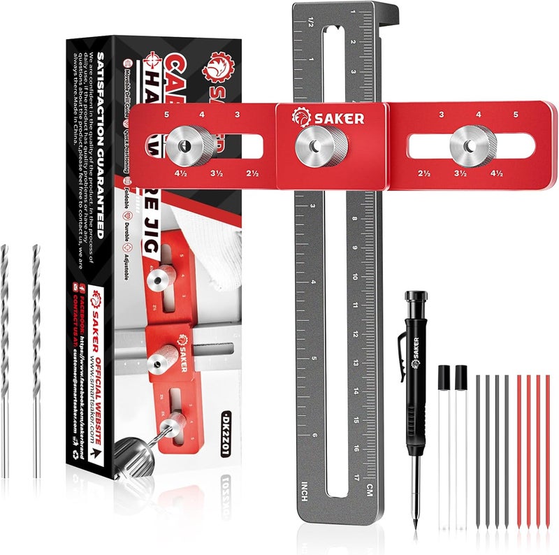 Saker Cabinet Hardware Doweling Jig - Cabinet Handle Template Tool for Knobs and Pull - Adjustable Self Centering Punch Locator Precise Woodworking Drill Guide (5" Jig Saw with pencil) - Image 1
